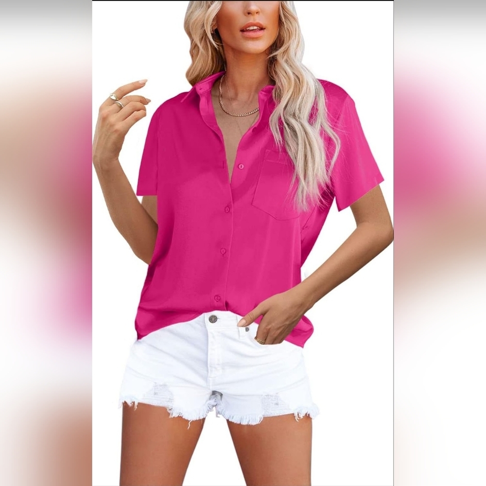 ❗️NWT ❗️Sz SM 💞 OMSJ Women's Button Down Satin V Neck Short Sleeve Blouse 🔆🕶⛱